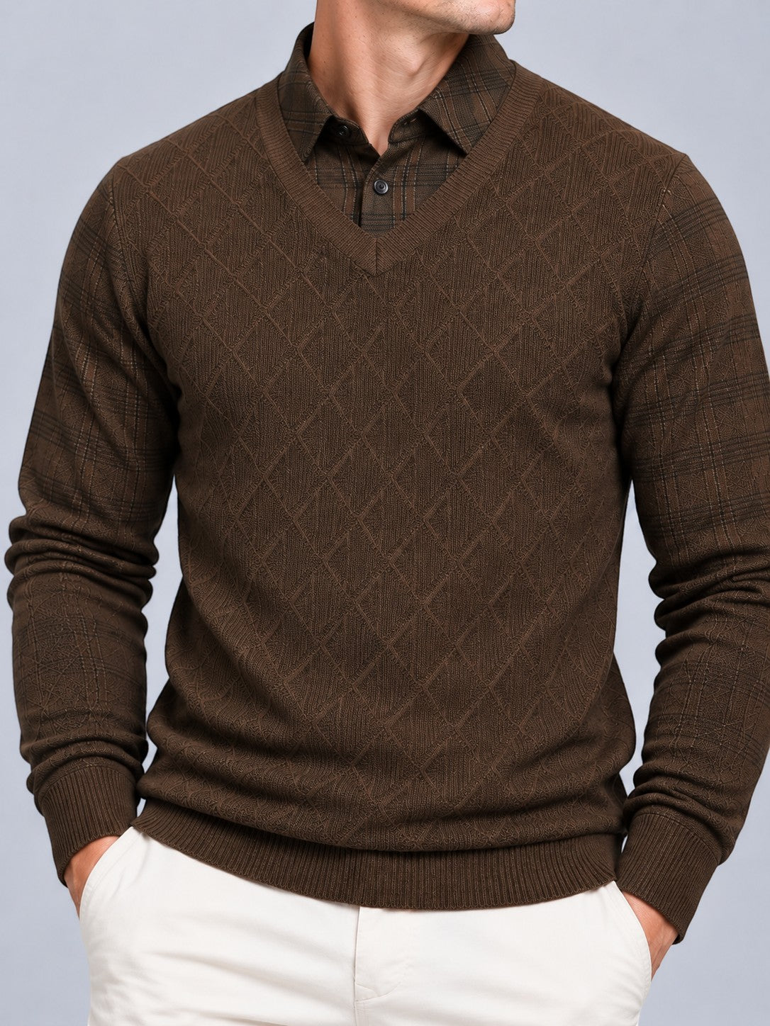 Jorvalore | Men’s Collared Two in One V-Neck Jumper Cable-Knit Layered Top