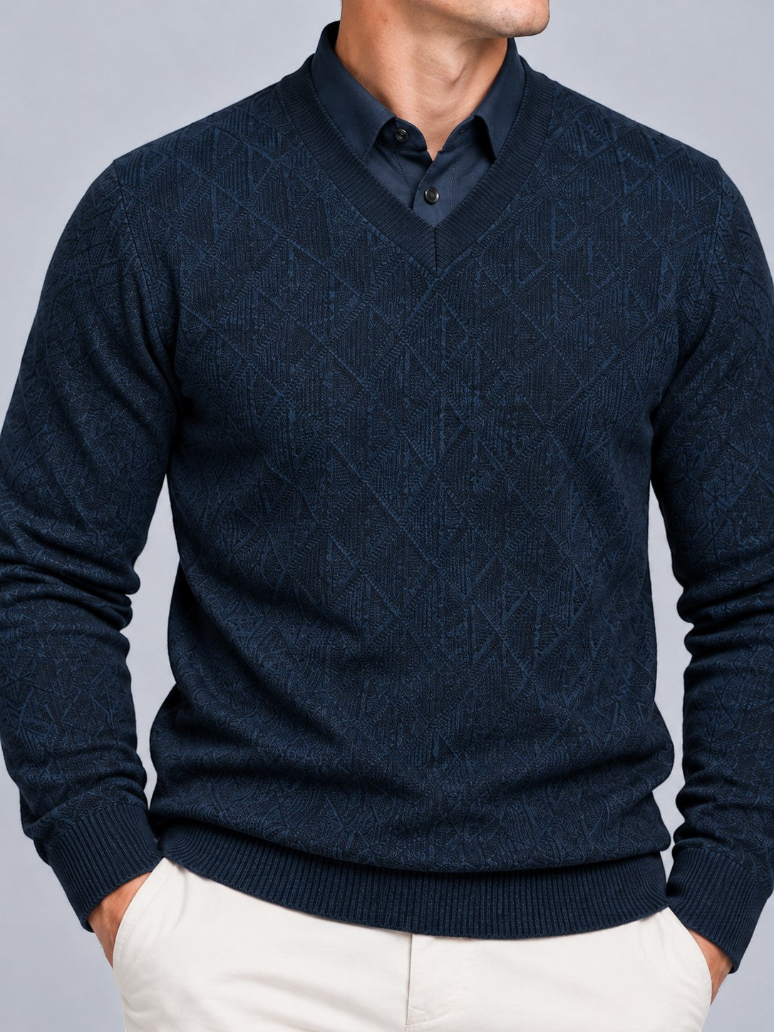 Jorvalore | Men’s Collared Two in One V-Neck Jumper Cable-Knit Layered Top