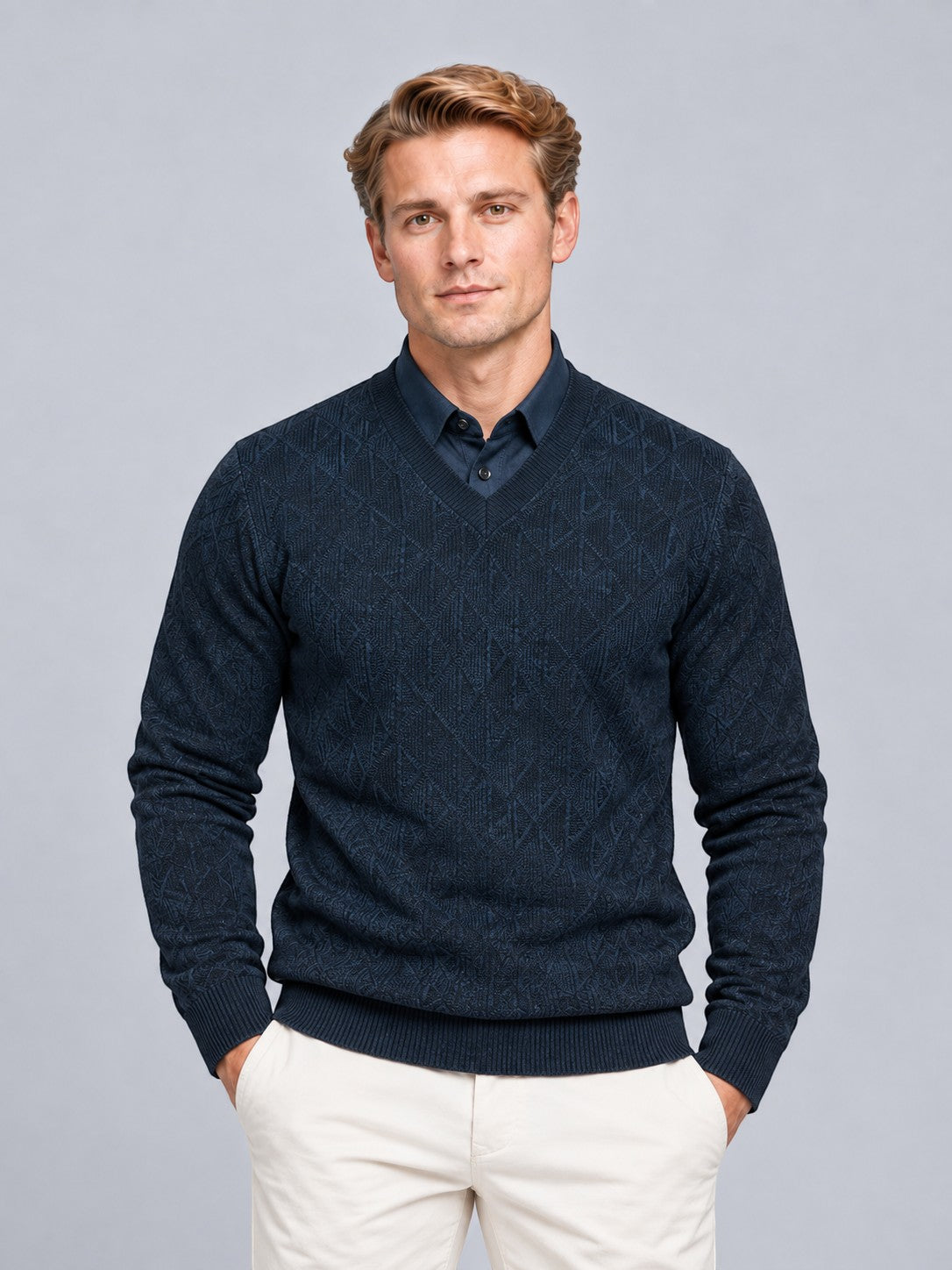 Jorvalore | Men’s Collared Two in One V-Neck Jumper Cable-Knit Layered Top