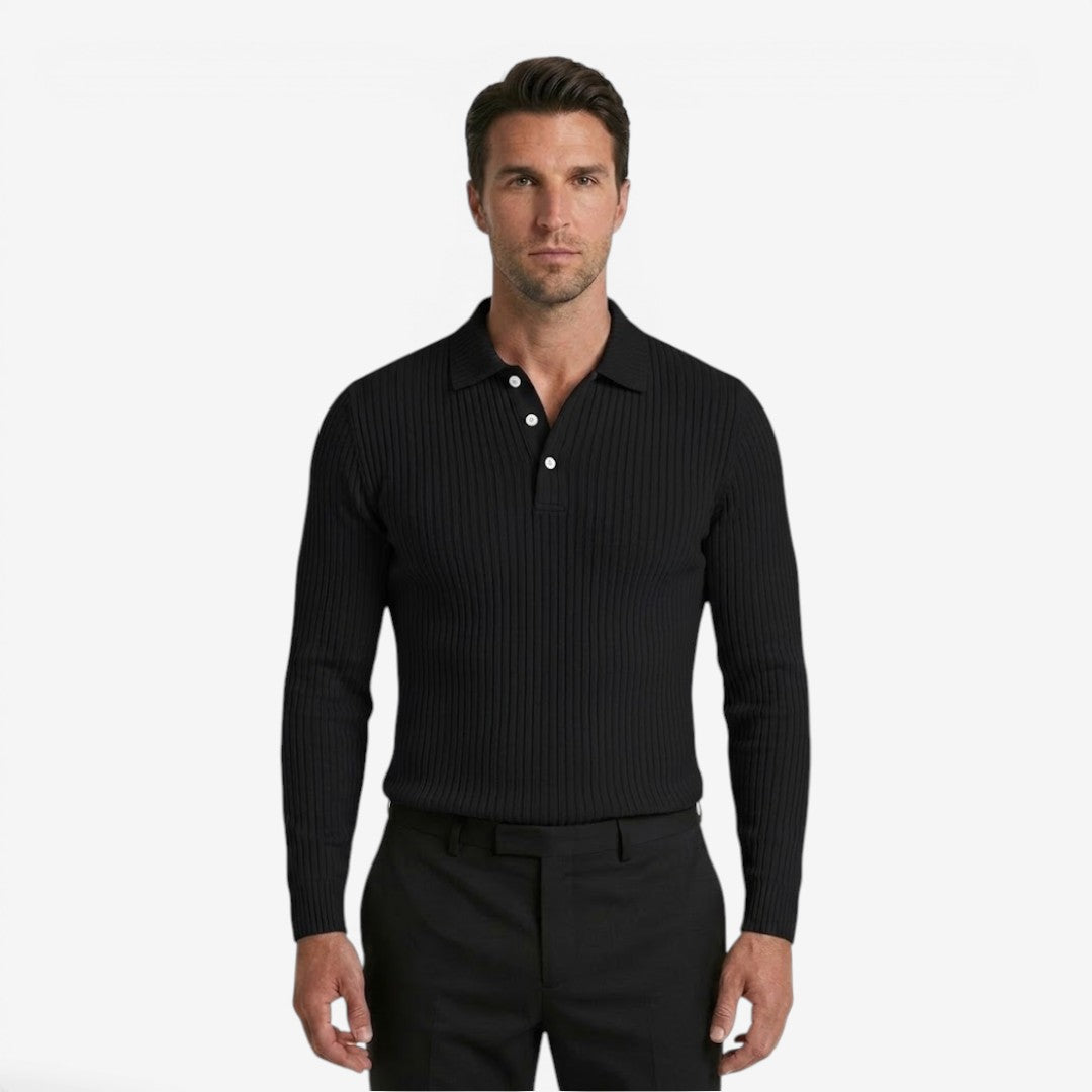 Jorvalore | Men's Ribbed Knit Long Sleeve Polo Shirt for Business Casual Wear