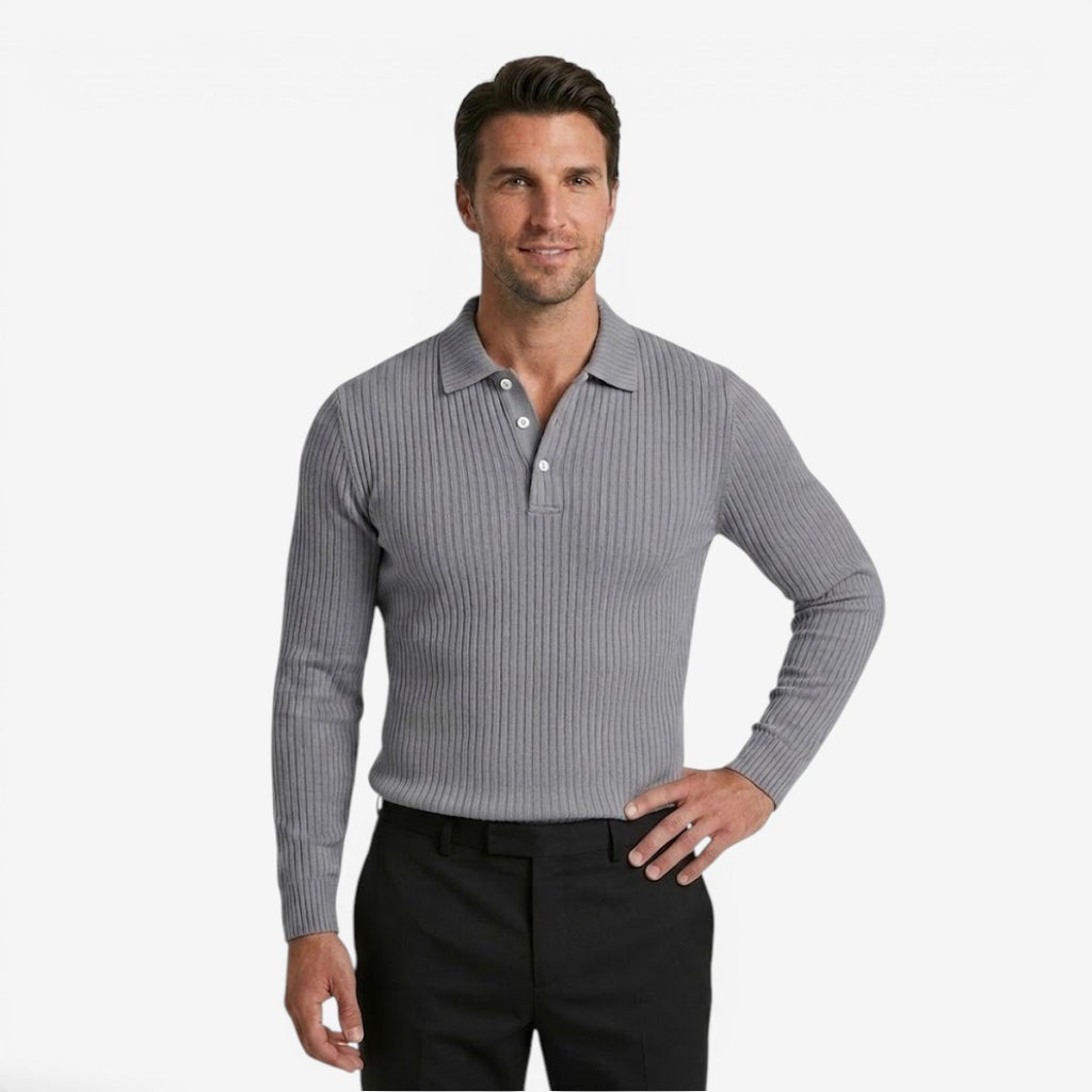 Jorvalore | Men's Ribbed Knit Long Sleeve Polo Shirt for Business Casual Wear
