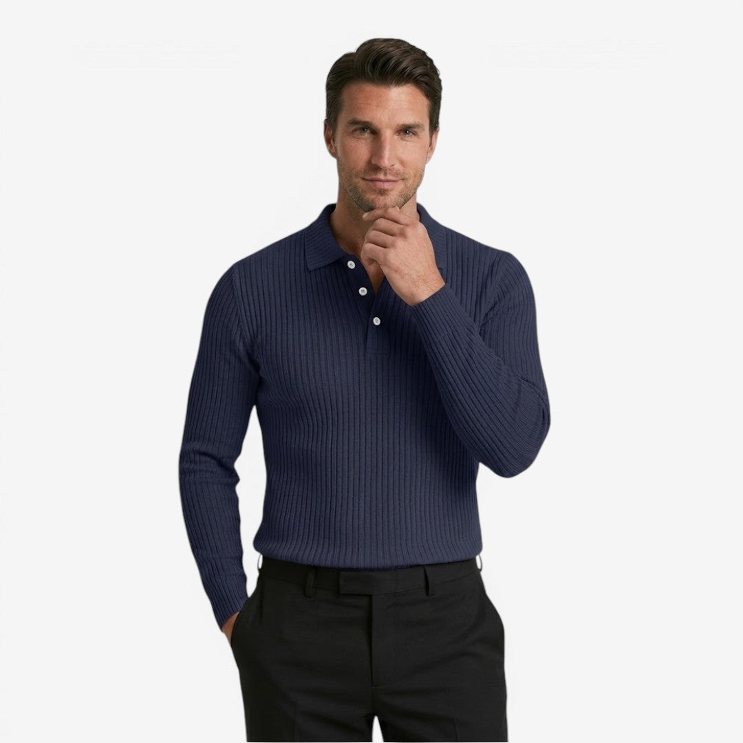Jorvalore | Men's Ribbed Knit Long Sleeve Polo Shirt for Business Casual Wear