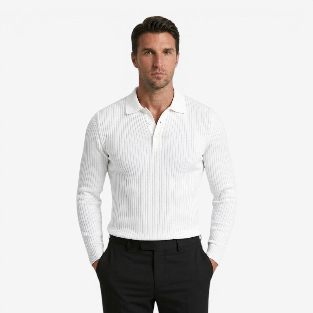 Jorvalore | Men's Ribbed Knit Long Sleeve Polo Shirt for Business Casual Wear