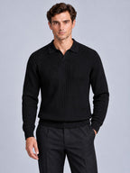 Jorvalore | Men’s Ribbed Knitted Polo Shirt Jumper – Long Sleeve Knitwear