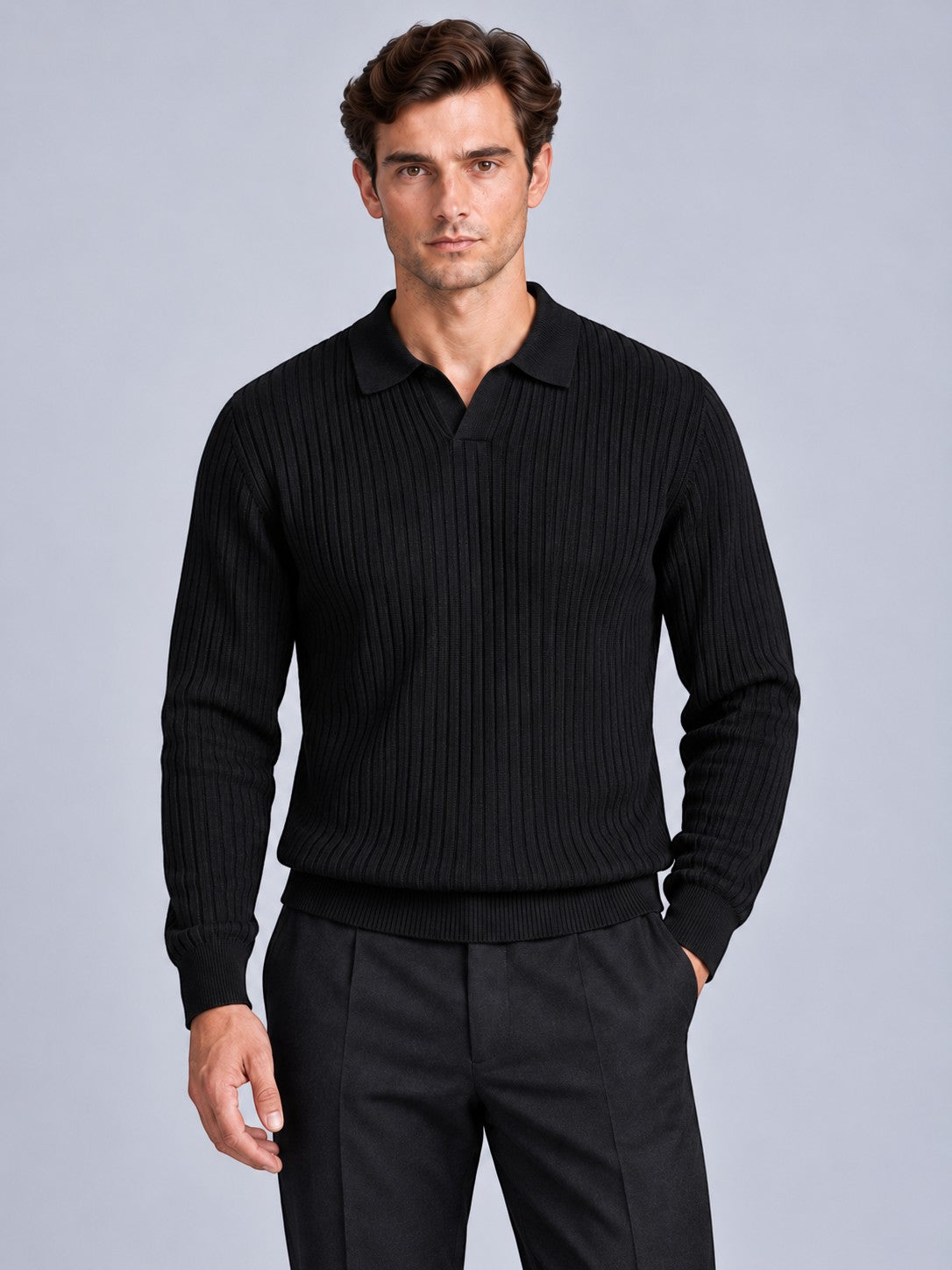 Jorvalore | Men’s Ribbed Knitted Polo Shirt Jumper – Long Sleeve Knitwear