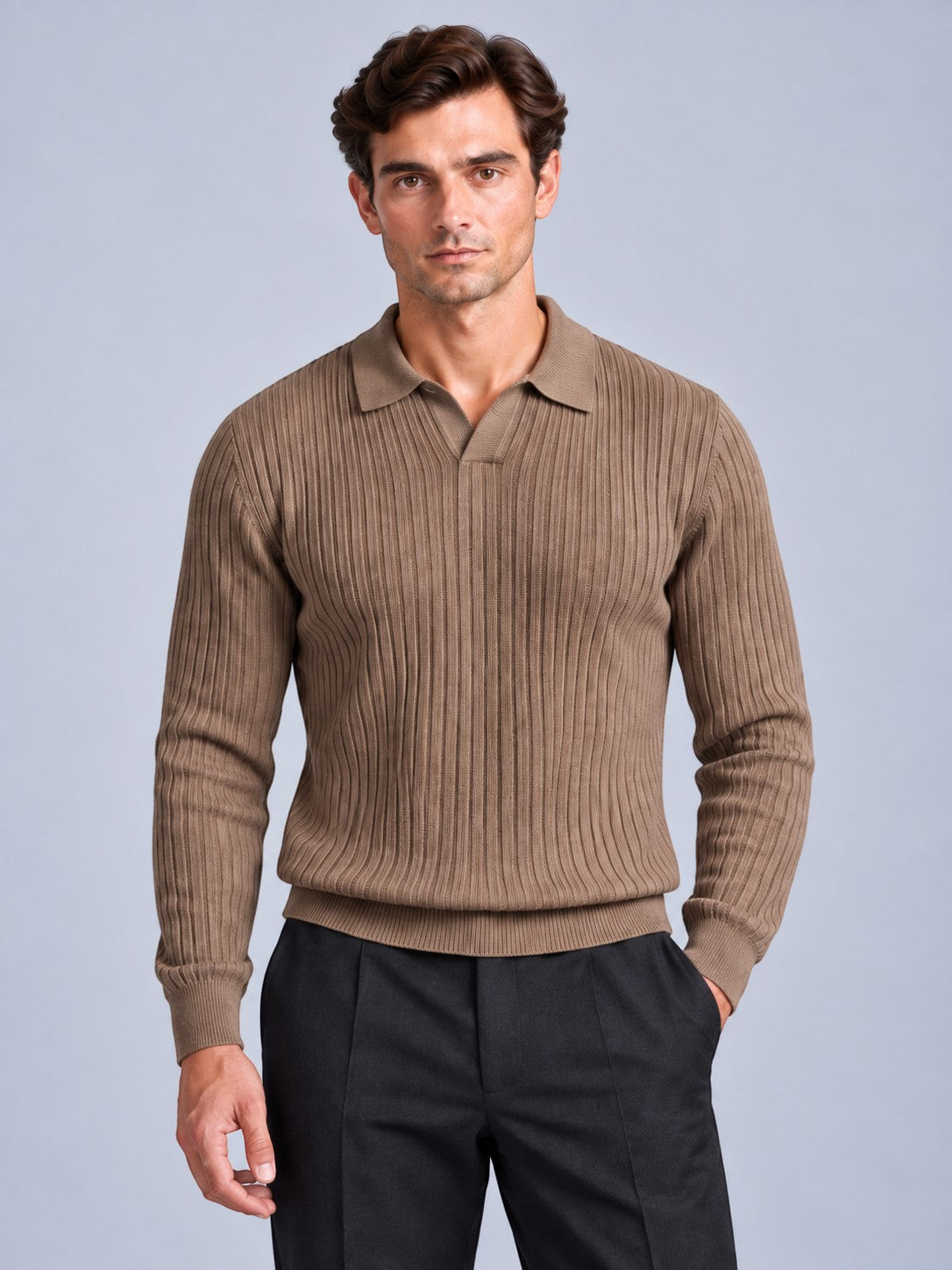 Jorvalore | Men’s Ribbed Knitted Polo Shirt Jumper – Long Sleeve Knitwear
