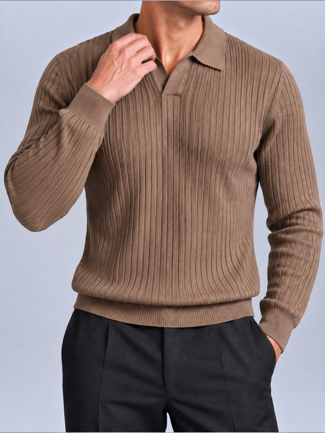 Jorvalore | Men’s Ribbed Knitted Polo Shirt Jumper – Long Sleeve Knitwear