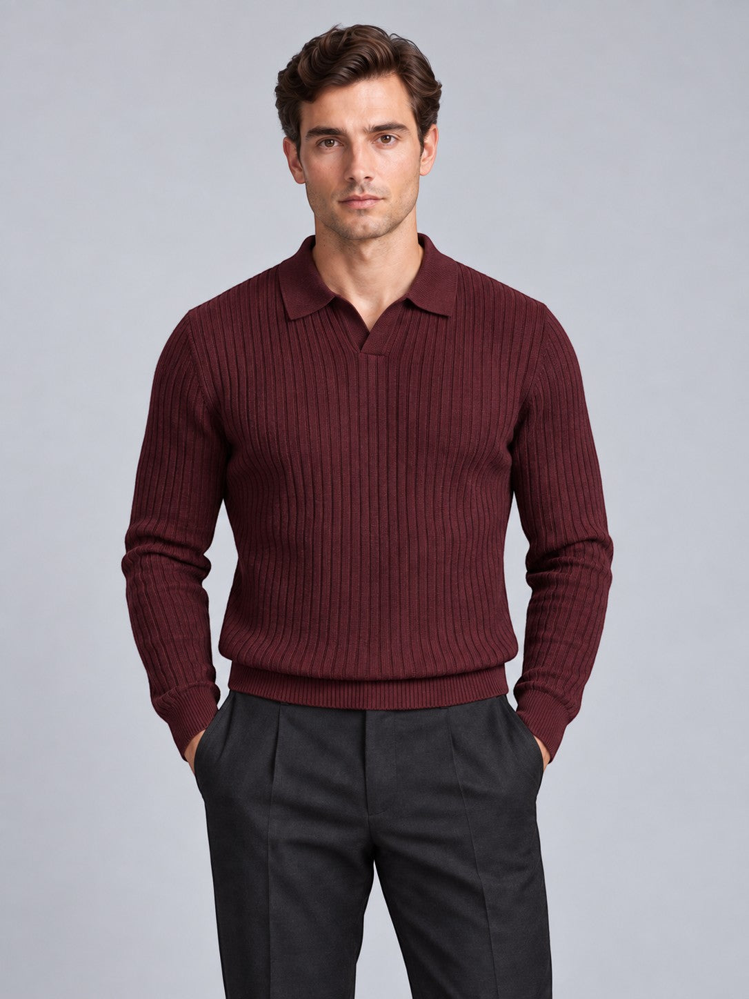 Jorvalore | Men’s Ribbed Knitted Polo Shirt Jumper – Long Sleeve Knitwear