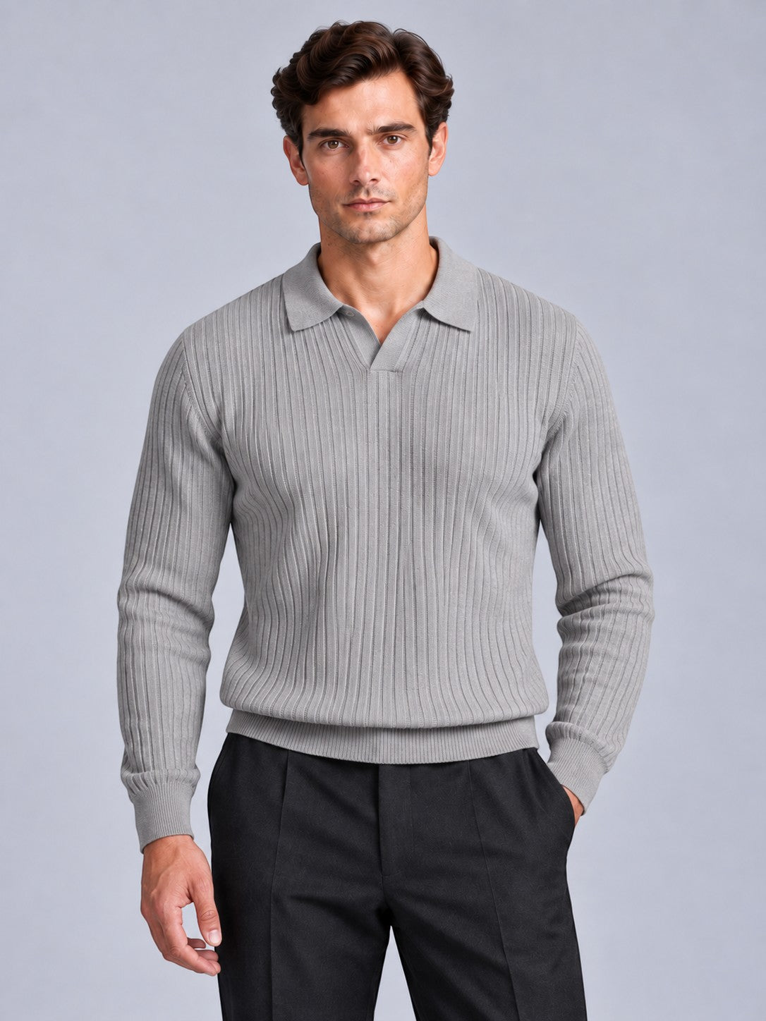 Jorvalore | Men’s Ribbed Knitted Polo Shirt Jumper – Long Sleeve Knitwear