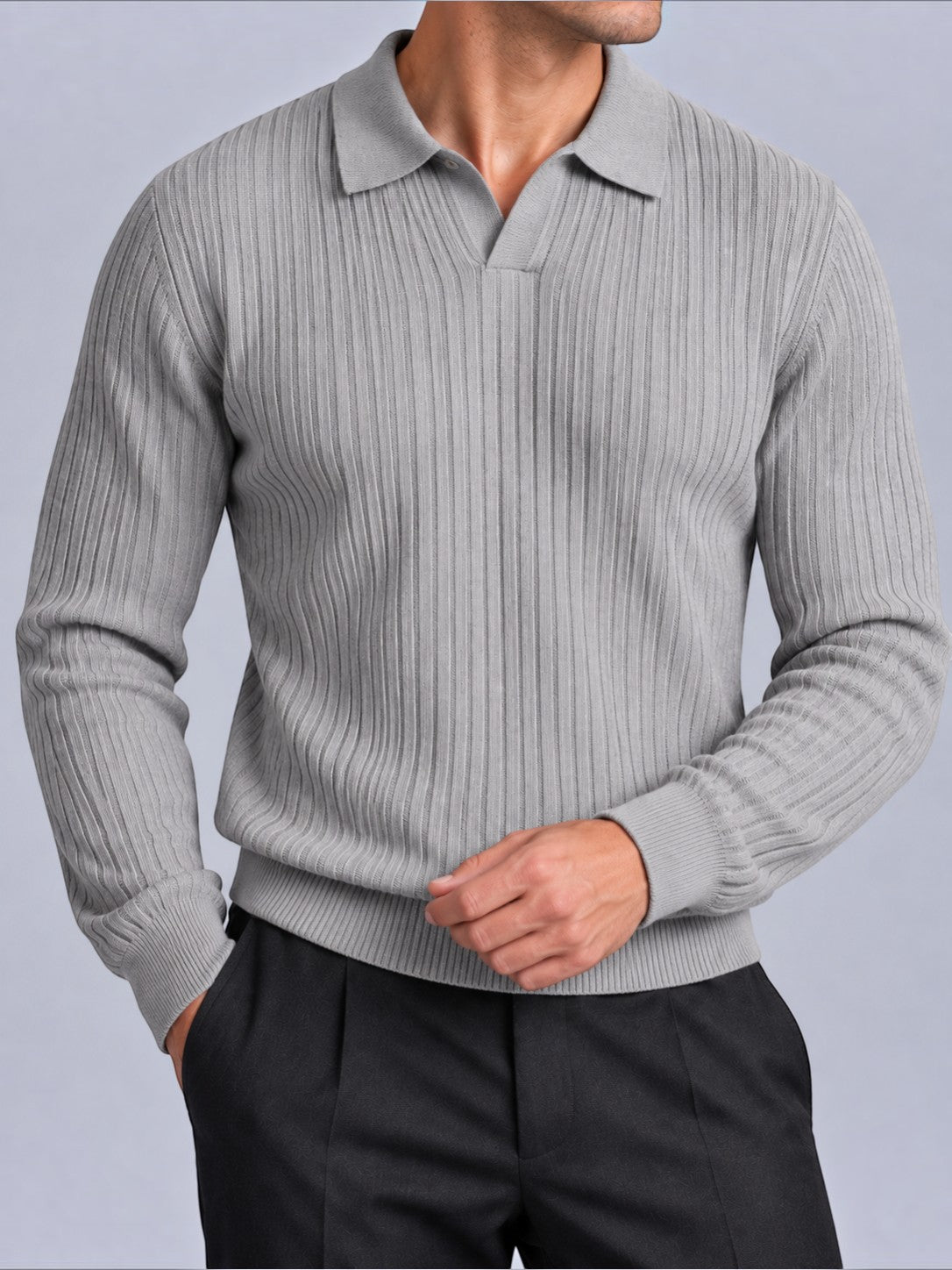 Jorvalore | Men’s Ribbed Knitted Polo Shirt Jumper – Long Sleeve Knitwear