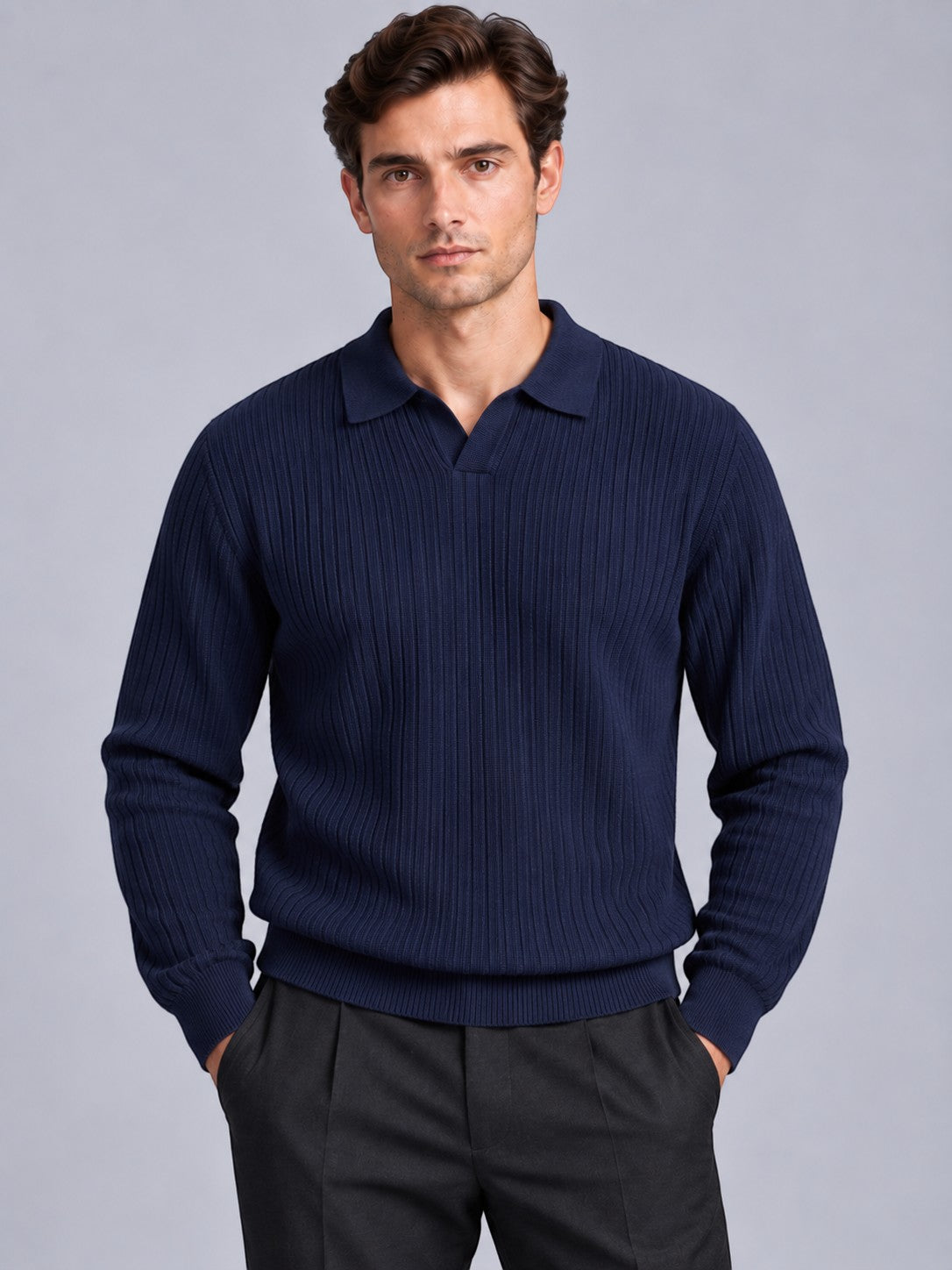 Jorvalore | Men’s Ribbed Knitted Polo Shirt Jumper – Long Sleeve Knitwear
