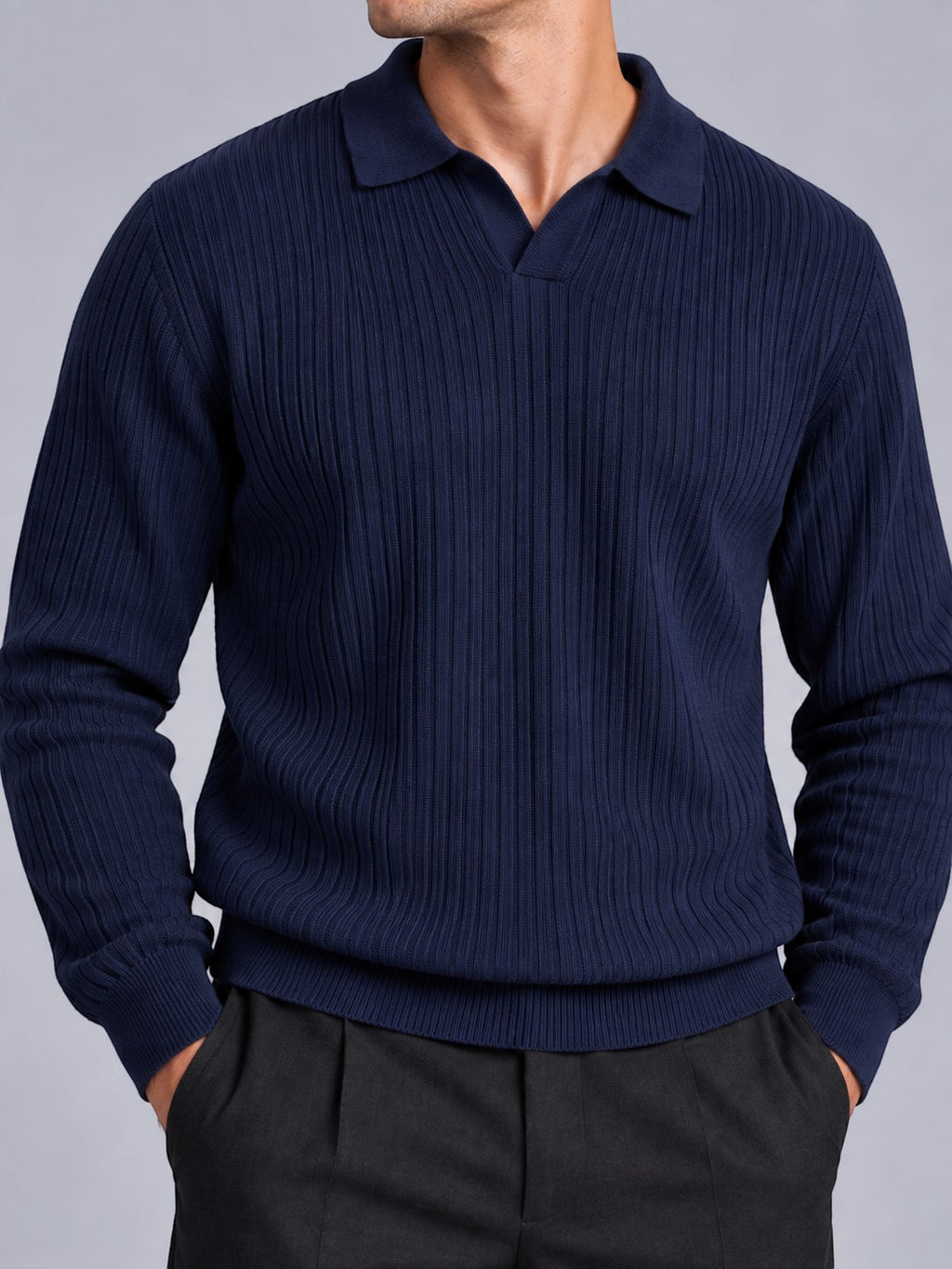 Jorvalore | Men’s Ribbed Knitted Polo Shirt Jumper – Long Sleeve Knitwear