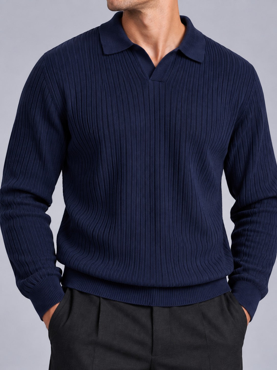Jorvalore | Men’s Ribbed Knitted Polo Shirt Jumper – Long Sleeve Knitwear