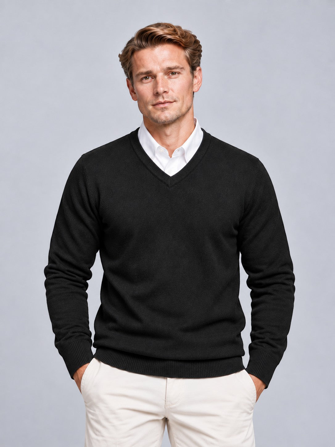 Jorvalore | Men’s V-Neck Knit Jumper – Textured Long Sleeve Knitwear