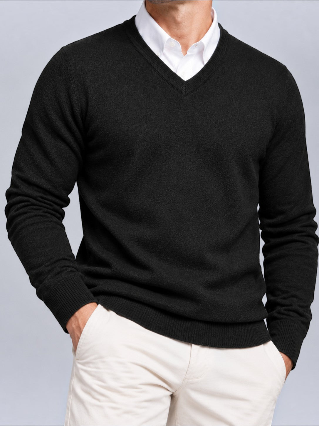 Jorvalore | Men’s V-Neck Knit Jumper – Textured Long Sleeve Knitwear