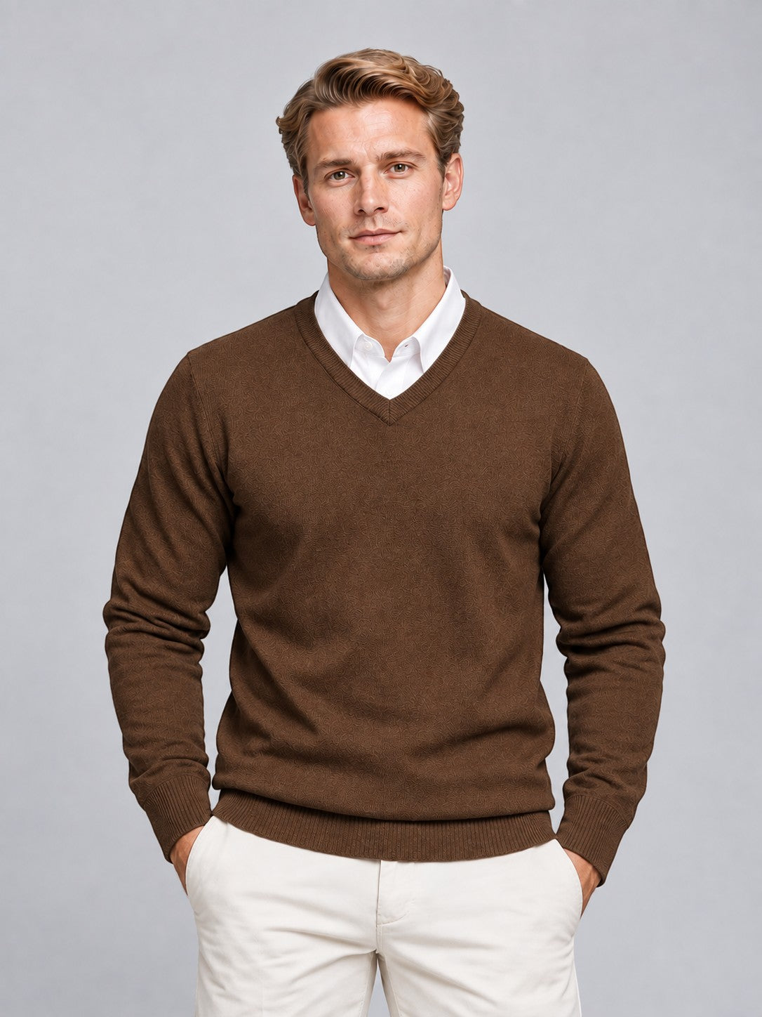Jorvalore | Men’s V-Neck Knit Jumper – Textured Long Sleeve Knitwear