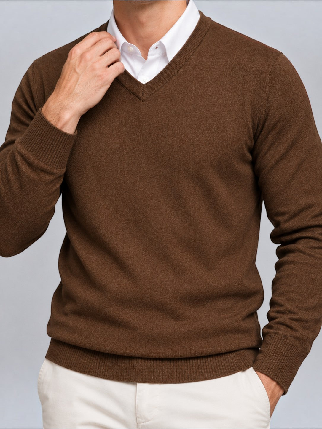 Jorvalore | Men’s V-Neck Knit Jumper – Textured Long Sleeve Knitwear