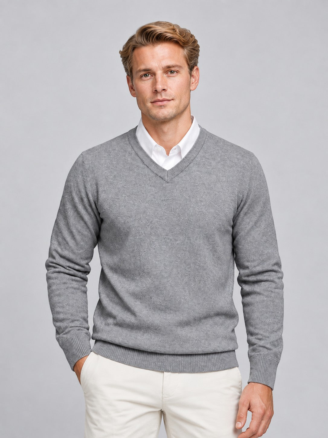 Jorvalore | Men’s V-Neck Knit Jumper – Textured Long Sleeve Knitwear