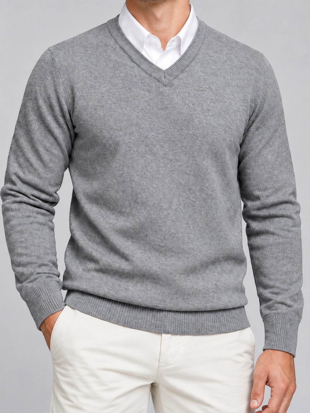 Jorvalore | Men’s V-Neck Knit Jumper – Textured Long Sleeve Knitwear