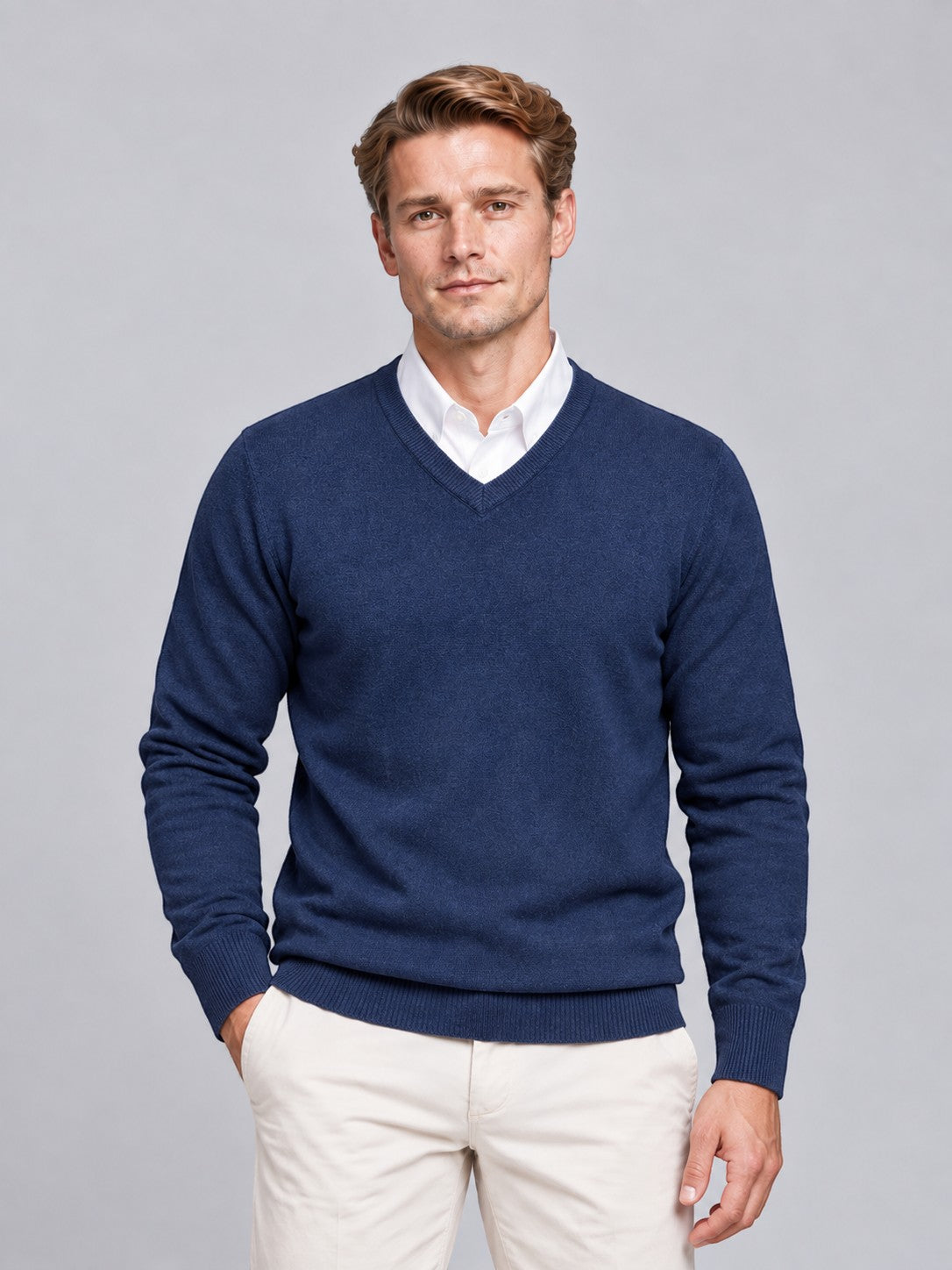 Jorvalore | Men’s V-Neck Knit Jumper – Textured Long Sleeve Knitwear